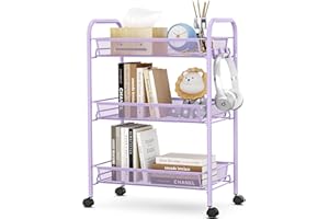 Urackify Chariot de Cuisine a 3 Niveaux pour Salle de Bain, Cuisine et buanderie. Métal résistant à la Rouille, Panier en Maille Respirante et Crochets latéraux Inclus. Facile à Installe,Pourpre