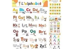 ORIGINALYS Lot de 4 Affiches éducatives en français, plastifiées, 42cm x 30cm, et en couleurs vives. Outils d'apprentissage, les nombres, Les saisons et les mois de l’année, l’alphabet et les couleurs