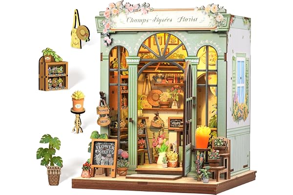 Cutefun Book Nook Kit DIY Miniature Dollhouse Kit, 3D Wooden Puzzles Bookends with LED Light Decoration for Teens and Adults (Champs-Élysées Florist)