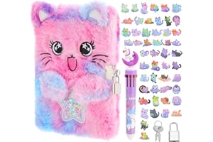 Candcamp Cat Secret Diary with Lock, Purple Fluffy Cat Notebook Set with Stickers Pen for Writing and Drawing Birthday Gift for Girls ages 5-12