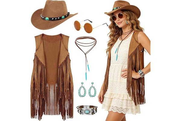 6 st Western Cowgirl Accessories Set för kvinnor, 70-talet Hippy Fancy Dress Kit med Tassel Vest Cowboy Hat Round Glass Turkos Örhängen, Halsband för Hippie Tema Party