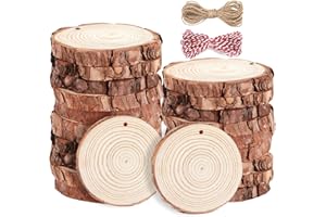 LUCKYOO Wood Slices - 16Pcs Natural Wood Discs, 9-10CM Wooden Slices for Crafts, Predrilled Log Slices Unfinished Wooden Circles with Hole and 2 Ropes for DIY Wedding Ornaments Coasters Decorations Christmas