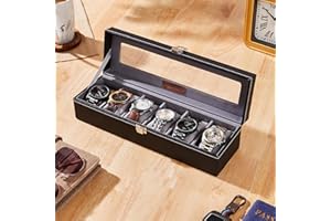 Amazon Basics Unisex Faux Leather Watch Organizer Box with 6 Slots |Watch Organizer with Transparent Lid (Blac...