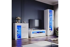 ELEGANT High Gloss White Living Room Set TV Stand Sideboard Display Cabinet(187cm) Multicolour LED Lights,UK Power Adapter Included