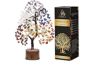 FASHIONZAADI Seven Chakra Gemstone Tree Reiki Healing Crystal Money Trees Feng Shui Gift Handmade Crystals & Stone Tree House Decoration Table Decor Powodzenia Najlepszy prezent Rozmiar 10-12 cali (zloty drut)