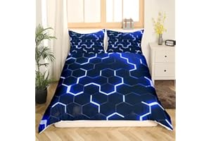 Tabeskly Boy Hexagon geometry Bedding Duvet Covers Set Single, Kids Graffiti Soft Zipper Childrens Full Bed 3 Piece Quilt Covers and Pillowcases Black Blue 135×200cm