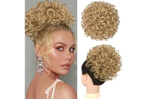 RUWISS Moño Postizo Desordenado Moño Pelo Corto y Rizado Cola de Caballo Extendida Cuerda de Tracción Elástica Moño Postizo Suelto Cabello Rizado para Mujeres Niñas(80g rubio dorado claro)