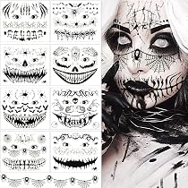 Kiiwah 8 Blätter Temporäre Halloween-Gesichtstattoos – Fluoreszierend, Wasserfest, Für Tag Der Toten & Mottopartys