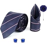 Rizoro Men’s Plaid Paisley Silk Tie Gift Set – Includes Necktie, Matching Pocket Square & Brooch Pin (Navy Blue)