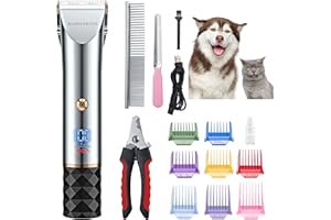 ‎BARBERBOSS BarberBoss QR-9081 Fellpflege-Set für Haustiere, geräuscharm, mit 2 Geschwindigkeitsstufen, Keramikklingen, USB-Aufladung, LED-Display und 8 Kammaufsätzen