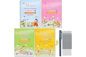Larcenciel 4pcs Magic Practice Copybook w/Pen for Kids, Reusable Letter Number WritingBook Workbook Calligraphy Tracing Practice-Book, Groove Writing Exercise Book for Preschoolers, 19x13cm