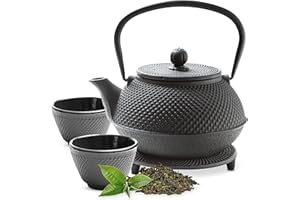 Tealøv Théière Fonte avec Infuseur 800 ML - Set complet dans une boîte cadeau - Service à Thé en Fonte - Entièrement Émaillée de l'Intérieur - Design De Style Japonais - Couleur: Noir