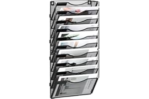 TQVAI 10 Compartimentos Malla Metal Revistero Pared Documentos Organizador Papeles A4 Colgante Oficina Archivador de Organizador Herramientas Pared, Negro