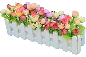 Flikool Creative Artificial Potted Plant Artificial Flower Rose Faux Green Grass Fake Bonsai Greenery Decoration Ornaments with Fence Wedding Balcony Valentine's Day Decor - Mix Colors