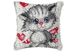 ROCKY&CHAO Ensemble de tapis à nouer soi-même avec coussins - 43 x 43 cm - Pour adultes et enfants - Accessoire de maison (amour chat gris)