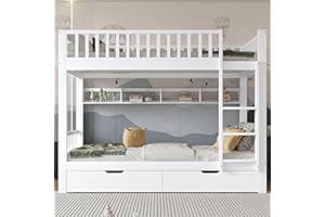 Oyemige Letto a Castello 90x200 cm, Letto per Bambini con 2 Cassetti, Letto Matrimoniale con Parapetto e Scala Ad Angolo Retto, Struttura In Pino, con Parapetto, Rete A Doghe, Bianco, Senza Materasso