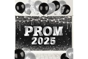 GEBETTER Prom 2025 Banner with Balloons Large Black Silver Graduation Prom Party Decorations Graduation Background Class of 2025 Decorations 180*110cm