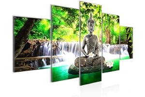 Runa Art Cuadros Buda Cascada 5 Piezas Lienzo no Tejido Decoracion Sala Feng Shui Verde 503552a