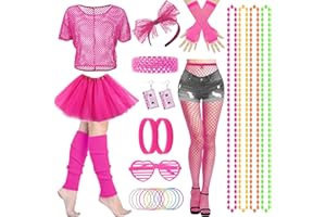 HEAWAA 28PCS Déguisement Année 80 Accessoire Femme, Années 80s Disco Costume avce Tutu Fluo Hauts Gants Résille Collant Colliers Lunettes Bandeau Jambières Bracelets pour Femme Années 80s 90s Fête Néon