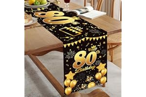 DOMGOGE 80th Birthday Table Runner Black Gold Happy 80th Birthday Table Runner for Men Women 80 Years Old Birthday Anniversary Celebration Party Non-Slip Dining Table Linen Cloth Decorations, 180x35cm Long