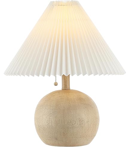 Nomoluke Small Pleated Table Lamp – Dimmable Ceramic Base With Wood-Grain Finish, Linen Shade, LED Bulb Included – Art Deco Style For Bedroom, Desk, Living Room