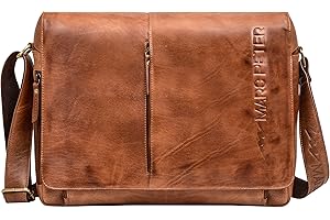 Marc Peter® Bergen leder Umhängetasche für Herren und Damen | 15.6 Zoll Laptoptasche | Aktentasche aus echtem Büffelleder
