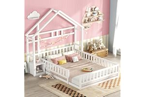 Dolamaní Letto da pavimento 140 x 200 cm per bambini con protezione anti-caduta -Montessori Lettino per ragazzi e ragazze, con comodino e supporto decorativo per la casa (bianco)