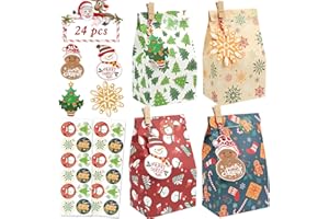 PHOGARY 24 torby świąteczne, papierowe torby na prezenty świąteczne, wielopak, małe torby na prezenty, torby na cukierki z naklejkami, prezenty imprezowe dla dzieci, 4 wzory