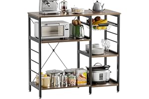 vovala Baker’s Rack, Microwave Oven Stand with Bamboo Frame, 90cm Coffee Bar with Wire Basket & 6 Hooks, 3-Tier Kitchen Storage Shelf Stand for Kitchen, Living Room, Office, Rustic Brown