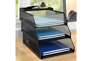 PUNCIA 3 Tiers Office Filing Trays for Desk Tidy Organiser Stackable Metal Mesh Paper Storage Letter Tray A4 Magazine File Holder Desk Tidy Document Notebooks Sorter Rack Home School Classroom Black