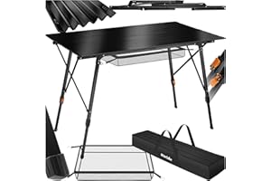 TecTake® Mesa Camping Plegable con Altura Ajustable, Mesa Auxiliar de Aluminio con Topes, Mesa Exterior para Jardín, Terraza, Picnic, con Red Almacenamiento y Bolsa de Transporte, 120x70,5x79 - Negra