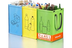 Lifewit System segregacji śmieci do kuchni, 3 przegródki na papier, szkło i plastik, pojemniki z recyklingu, pojemnik na odpady i butelki na kaucję, 3 x 45 l, łatwe opróżnianie