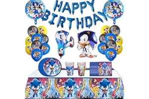 Forhome Sonic Décoration de Fête,77PCS Sonic Vaisselle de fête d'anniversaire, Comprend des Nappe, Tasses, Serviettes, bannière, Ballons