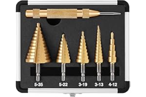 DOVAMAN Juego de 5 Brocas Escalonadas para Metal, Brocas HSS de 47 Tamaños, Revestimiento de Titanio, Punzón Central Automático, Punta Dividida en Forma de X de 118°, con Caja de Aluminio