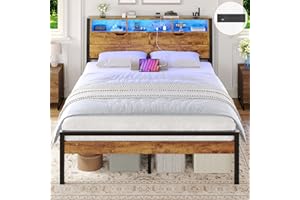 Brinlawb Double Bed Frame with Power Strip & LED Lights, Stable and Sturdy Metal Double Bed Frame with Wooden Headboard -2 Door Storage Compartments, 135x190cm Platform Bed Frame, No Box Spring Needed