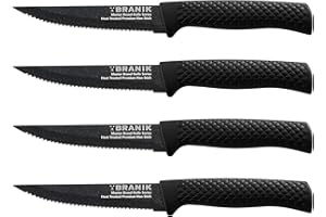 BRANIK Brand Titanium Series Steak Knives Set of 4, Premium German Steel with Special Baked on Ceramic Non-Stick Coating. Dishwasher Safe Kitchen Steak Knife Set.