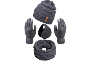 ANECO Winter Warm Sets Knitted Scarf Beanie Hat Touch Screen Gloves and Winter Ear Warmer for Men or Women