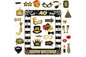 BATNITE 40th Birthday Party Photo Booth Props Set - 31 Pieces Black and Gold Inflatable Selfie Frame for Men and Women