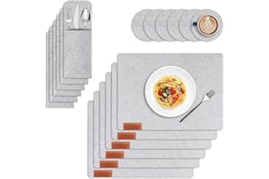 LITLANDSTAR Felt Placemats Coasters Cutlery Set, Heat-Resistant Non-Slip Table Place Mats For Home and Restaurant Washable Table Mats Set with 6 Placemats, 6 Coasters, and 6 Cutlery Bags(Light Grey)