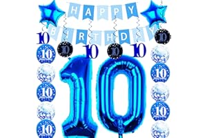 Pargleev 10th Birthday Decorations for Boys Girls,32 Inch Number 10 Birthday Foil Balloons with Swirl Decorations Happy Birthday Banner and Star Foil Balloons 10PCS Confetii and Latex Balloon Blue