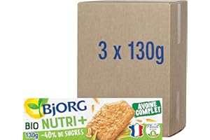 BJORG - Nutri+ - Biscuits Avoine Complet Bio - Riches en Fibres - Source de Magnésium et de Fer - Sans Huile de Palme - 130 g - lot de 3 (total de 390 g)