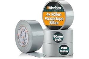 Hinrichs Panzertape silber - 4 Rollen 50m x 50mm Gewebeband - extra starkes Klebeband - wasserdichtes Panzerband - breites Gewebeklebeband grau - power Duct Tape für Innen und Außen