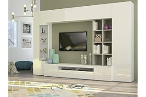 Dmora - Parete attrezzata Iago, Set salotto porta TV, Mobile soggiorno multiuso, 100% Made in Italy, cm 290x40h192, Bianco lucido e Cemento