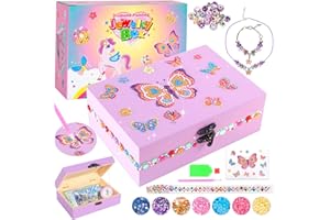 PinkSheep Wooden DIY Jewellery Box for Girl 6-12, Arts and Crafts Kits with Necklace Bracelet, Diamond Tape, Ddiamond Painting Box, DIY Pirate Treasure Chest Set for Kids (Purple Butterfly)