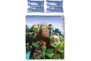 Minecraft Set copripiumino matrimoniale ufficiale | Set letto matrimoniale reversibile a 2 lati, con federe abbinate | Character World Brands Gaming | Set letto matrimoniale in policotone