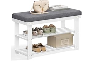 ‎SONGMICS SONGMICS Schuhbank aus Bambus, Schuhregal mit 2 Ebenen, stabil, für Eingangsbereich, Wohnzimmer, Traglast 150 kg, 71 x 29 x 49 cm, Weiß und Grau LBS604W01