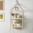 Decazone Macrame Wall Hanging 3-Tier Floating Shelves Natural Pine with Wooden Ring Bohemian Hand Woven Decor Bookcase Display Storage Rack Beige 105 x 40 cm, (3-Tier Floating Shelves-2.)