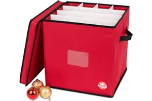 Christmas Village Collapsible Bauble Storage Bag – 600D Fabric Premium Bag for 64 Xmas Tree Decorations – 4 Layer Festive Season Ball Holder Cube with Separators, and Carry Handles (Red)