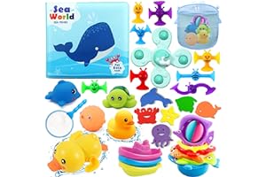 Chennyfun Dolphin Baby Bath Toy Set, 32PCS Floating Ocean Animal Themed Bath Squirt Toys With Baby Bath Books, Suction Spinners, Fishing Net, Education Teaching and Learning Toys for Toddlers and Kids