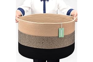 BOSROTY Extra Large Blanket Basket 87L, Laundry Hamper, Baby Nursery Hamper for Storage Toys Clothes Towels, Large Cotton Rope Laundry Basket for Girls Boys, 55 x 35 CM, Brown & Black